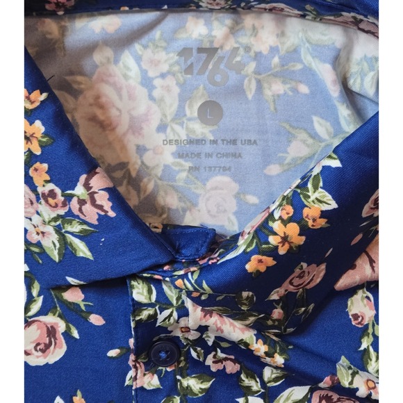 1764 Floral Print Blue Short Sleeve Golf Polo Shirt Men's Size L - Picture 3 of 4